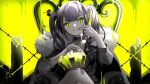 bandaid bandaid_on_knee cape chair collar collarbone commentary_request crown green_eyes hair_between_eyes hair_ornament hairclip highres hololive king_(vocaloid) long_hair looking_at_viewer portrait sitting tate_yukimi tokoyami_towa twintails virtual_youtuber yellow_background 