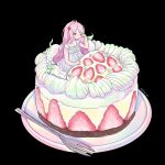  1girl black_background blush dress food food_themed_hair_ornament fork fruit hair_ornament hand_up long_hair one_eye_closed original pink_hair plate ring_411 shadow simple_background sitting solo strawberry strawberry_hair_ornament very_long_hair white_dress 
