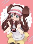  1girl bangs black_legwear blush brown_hair commentary_request double_bun flying_sweatdrops green_eyes hair_between_eyes hands_up highres holding holding_hair leaning_forward long_hair open_mouth pantyhose pokemon pokemon_(game) pokemon_bw2 raglan_sleeves raised_eyebrows riu00 rosa_(pokemon) shirt shorts solo tongue twintails two-tone_headwear visor_cap wavy_mouth yellow_shorts 