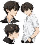  1boy artist_name bangs blush brown_hair closed_mouth collar collared_jacket collared_shirt commentary_request eyebrows_visible_through_hair from_side green_eyes hair_between_eyes hand_in_pocket highres hyouka jacket looking_at_viewer looking_to_the_side male_focus mery_(yangmalgage) open_mouth oreki_houtarou school_uniform shirt short_sleeves simple_background standing upper_body watch white_background white_shirt 