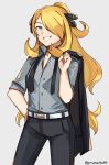  1girl alternate_costume belt black_pants blonde_hair breasts collared_shirt contrapposto cowboy_shot cynthia_(pokemon) graysheartart grey_background grey_eyes grey_shirt grin hair_ornament hair_over_one_eye hand_on_hip highres jacket_over_shoulder long_hair pants pokemon pokemon_(game) pokemon_dppt shirt simple_background small_breasts smile solo very_long_hair white_belt 