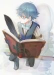  1boy ahoge arm_belt black-framed_eyewear black_pants blue_bow blue_eyes blue_hair blue_neckwear blue_vest book bow bowtie closed_mouth commentary_request fate/extra fate/extra_ccc fate/grand_order fate_(series) feathers glasses hans_christian_andersen_(fate) holding holding_book light_smile long_sleeves looking_away looking_to_the_side mizutame_tori open_book pants profile rectangular_eyewear semi-rimless_eyewear shirt signature sitting solo striped striped_shirt under-rim_eyewear vertical-striped_shirt vertical_stripes vest white_shirt wing_collar 