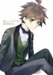  1boy ahoge bangs black_bow black_jacket black_neckwear black_pants bow bowtie brown_hair commentary_request dangan_ronpa:_trigger_happy_havoc dangan_ronpa_(series) dangan_ronpa_10th_anniversary_costume dated eyebrows_visible_through_hair feet_out_of_frame from_side green_eyes green_vest happy_birthday jacket looking_at_viewer male_focus naegi_makoto open_clothes open_jacket pants shirt short_hair simple_background sitting sketti smile solo vest white_background white_shirt 