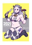  1girl 2021 animal_costume animal_ears animal_print bell bell_collar bikini breasts chinese_zodiac collar cow cow_costume cow_ears cow_girl cow_horns cow_print cow_tail dorohedoro food fork hair_between_eyes happy_new_year highres horns long_hair looking_at_viewer muscular muscular_female navel navem new_year noi_(dorohedoro) print_bikini sako simple_background solo swimsuit tail thigh-highs white_hair year_of_the_ox 