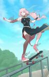  adapted_costume commentary detached_sleeves english_commentary highres hololive hololive_english long_ponytail looking_to_the_side m._lee_lunsford mori_calliope nail_polish pink_hair red_eyes shoes single_thighhigh skateboard skateboarding sky sneakers thigh-highs tiara veil 