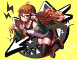  1girl ahoge black_footwear black_legwear fur-trimmed_jacket fur_trim glasses green_jacket headphones jacket omochimochi orange_hair paw_pose persona persona_5 persona_5:_dancing_star_night sakura_futaba shiny shiny_hair solo teeth thigh-highs yellow_background 