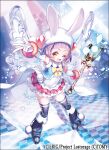  1girl ;d animal_ears animal_hat ario blue_footwear blue_legwear boots bow character_request checkered checkered_floor commentary_request company_name fake_animal_ears fold-over_boots frilled_skirt frills gloves hat knee_boots long_hair looking_at_viewer magical_girl official_art one_eye_closed open_mouth pom_pom_(clothes) print_footwear print_legwear purple_hair rabbit_ears skindentation skirt smile solo sparkle star_(symbol) sticker thigh-highs v wand white_gloves wixoss yellow_bow 