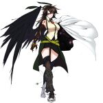  1girl belt black_legwear black_wings breasts brooch brown_hair cape closed_mouth collared_shirt feathered_wings full_body green_skirt hair_between_eyes highres jewelry large_breasts long_hair looking_at_viewer red_eyes reiuji_utsuho shirt shukusuri simple_background single_wing skirt sleeveless sleeveless_shirt solo standing thigh-highs touhou white_background white_cape wing_collar wings yellow_shirt 