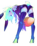  1boy androgynous animal_ears ass blonde_hair bunny_tail carrot earrings full_body gloves green_hair high_heels highres jacket jewelry km_(ksolee1201) lio_fotia looking_at_viewer otoko_no_ko promare rabbit_ears short_hair shorts simple_background tail white_background 