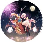  1girl animal_ears azur_lane bangs blue_eyes blush breasts chinese_clothes cleavage_cutout clothing_cutout dragon eastern_dragon eyebrows_visible_through_hair fireworks hair_between_eyes high_heels highres i-25_(azur_lane) i-25_(sweet_wine_of_celebration)_(azur_lane) large_breasts long_hair moon night night_sky official_alternate_costume official_art open_mouth pink_hair rabbit_ears senji_(tegone_spike) sky smile star_(sky) starry_sky transparent_background very_long_hair 