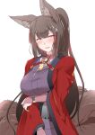  1girl amagi_(azur_lane) animal_ears azur_lane blush breasts brown_hair coat fox_ears fox_girl glowing glowing_eye highres japanese_clothes kimono kitsune kyuubi large_breasts long_hair looking_at_viewer multiple_tails open_mouth red_coat simple_background smile solo steed_(steed_enterprise) tail thick_eyebrows violet_eyes 