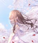  1girl bangs blurry blurry_background blush cherry_blossoms closed_eyes crying dress eyebrows_visible_through_hair floating_hair from_side hair_behind_ear leaf leaves_in_wind long_hair open_mouth original solo sunlight wedding_dress white_dress yuiragi_yuki 