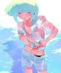  1boy androgynous fire green_fire green_hair highres km_(ksolee1201) lio_fotia looking_at_viewer otoko_no_ko promare shirt short_hair shorts solo water wet 