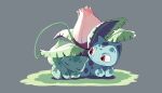  absurdres bulbasaur claws closed_eyes closed_mouth commentary_request fangs fangs_out gen_1_pokemon grey_background highres ivysaur looking_to_the_side muji_bogi no_humans plant pokemon pokemon_(creature) red_eyes vines 