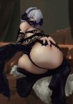  ass au_ra bare_shoulders black_bra black_footwear black_gloves black_legwear black_nails black_panties boots bra breasts elbow_gloves final_fantasy final_fantasy_xiv fish_g gloves grey_hair high_heels highres horns kneeling looking_at_viewer mask mole mole_under_eye panties short_hair tail thigh-highs thigh_boots underwear violet_eyes 