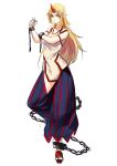  1girl blonde_hair chain closed_mouth covered_navel cuffs dress earrings full_body highres horns hoshiguma_yuugi jewelry long_hair looking_at_viewer oni_horns pants pointy_ears puffy_pants purple_pants red_eyes short_dress shukusuri simple_background single_horn slit_pupils smile solo stud_earrings touhou white_background white_dress 