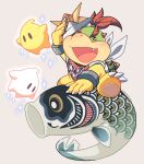  1boy :d arm_up bandana bowser_jr. bracelet children&#039;s_day claws fang full_body grey_background hat holding holding_clothes holding_hat horns hoshikuzu_pan jewelry koinobori looking_at_viewer luma_(mario) male_focus no_humans open_mouth paper_hat redhead shell simple_background smile sparkle spiked_shell spikes super_mario_bros. super_mario_galaxy v-shaped_eyebrows white_bandana windsock 