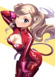  1girl blonde_hair blue_eyes bodysuit boots cat_tail catsuit gloves highres long_hair omochimochi one_eye_closed persona persona_5 persona_5:_dancing_star_night persona_5_the_royal persona_dancing pink_gloves red_bodysuit red_footwear shiny shiny_clothes solo tail takamaki_anne thigh-highs thigh_boots whip zipper 