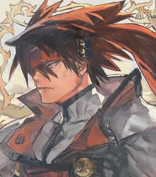  1boy 2344 brown_hair collarbone covered_collarbone guilty_gear_xx headband highres long_hair male_focus orange_eyes order-sol parted_lips sol_badguy solo turtleneck upper_body 