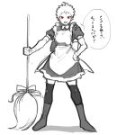 1boy :d alternate_costume apron boots broom crossdressinging dangan_ronpa_(series) dangan_ronpa_2:_goodbye_despair dress enmaided full_body highres hinata_hajime holding holding_broom looking_at_viewer maid maid_apron maid_headdress male_focus open_mouth puffy_short_sleeves puffy_sleeves red_eyes short_hair short_sleeves simple_background smile solo speech_bubble spot_color standing suzumetarou thigh-highs translation_request white_background 