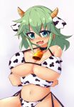  1girl alternate_costume animal_ears animal_print arms_under_breasts bangs bell bell_collar bikini blush breasts collar cow_ears cow_horns cow_print detached_sleeves fang green_eyes green_hair hair_between_eyes highres horns huge_breasts looking_at_viewer medium_hair minato_mal navel open_mouth simple_background skin_fang soga_no_tojiko solo sweat swimsuit touhou v-shaped_eyebrows white_background 