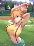 1girl arm_behind_head armpits arms_up azto_dio bangs bare_shoulders blush breasts collarbone green_eyes highres large_breasts long_hair looking_at_viewer misty_(pokemon) navel orange_hair poke_ball pokemon shirt shorts side_ponytail sleeveless sleeveless_shirt suspenders yellow_shirt