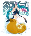  1girl aqua_eyes aqua_hair bangs bare_arms bare_legs bare_shoulders barefoot bikini black_bikini black_skirt breasts diving_mask hair_between_eyes hatsune_miku highres holding holding_water_gun inflatable_duck inflatable_toy jingshi long_hair miniskirt navel pleated_skirt rubber_duck skirt small_breasts snorkel solo stomach swimsuit thigh_strap thighs twintails very_long_hair vocaloid water water_gun white_background 