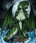  1girl animal_head black_nails breasts claws closed_mouth clouds cloudy_sky colored_skin cthulhu cthulhu_mythos dragon_wings fingernails genderswap genderswap_(mtf) green_lips green_skin grey_sky highres humanization large_breasts monster_girl navel ocean sharp_fingernails signature sky solo standing sumosamo torn_wings waves webbed_hands wings 