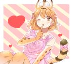  1girl alternate_costume animal_ears apron bare_shoulders blush bow collarbone commentary_request earrings elbow_gloves extra_ears eyebrows_visible_through_hair finger_to_mouth gloves hair_bow heart heart_apron heart_earrings heart_eyes highres jewelry kemono_friends one_eye_closed pink_apron pink_bow print_gloves serval_(kemono_friends) serval_ears serval_girl serval_print serval_tail solo suicchonsuisui tail tail_bow tail_ornament thigh-highs yellow_eyes 