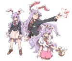  1girl aiming akiyoku animal_ears black_jacket breasts bright_pupils brown_footwear carrot crescent crescent_pin cropped_legs danmaku finger_gun holding jacket loafers long_hair long_sleeves lunatic_gun medium_breasts multiple_views one_eye_closed outstretched_arm pink_skirt puffy_short_sleeves puffy_sleeves purple_hair rabbit_ears rabbit_girl red_eyes red_neckwear reisen_udongein_inaba shirt shoes short_sleeves simple_background skirt socks touhou white_background white_legwear white_shirt 