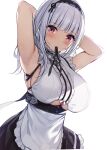  1girl anchor_choker apron armpits arms_up azur_lane bangs bare_shoulders black_hairband black_ribbon black_skirt blunt_bangs blush breasts dido_(azur_lane) dress dutch_angle exe_(xe) eyebrows_visible_through_hair frills hairband large_breasts long_hair looking_at_viewer mouth_hold pink_eyes ribbon silver_hair simple_background skirt sleeveless solo sweat under_boob upper_body white_apron white_background white_dress 