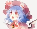  1girl 60mai bat_wings blue_hair blush fang grey_background hair_between_eyes hat hat_ribbon mob_cap open_mouth pink_headwear pink_shirt red_eyes red_ribbon remilia_scarlet ribbon shirt slit_pupils solo tearing_up touhou upper_body wings 