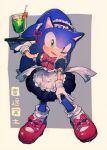  1boy alternate_costume animal_nose aoki_(fumomo) apron black_dress bow bowtie crossdressinging cup dress drink drinking_straw enmaided full_body gloves green_eyes holding holding_plate maid maid_apron maid_headdress male_focus open_mouth plate red_bow red_footwear solo sonic_(series) sonic_the_hedgehog white_apron white_gloves 