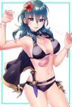  1girl armpits bikini blue_eyes blue_hair breasts byleth_(fire_emblem) byleth_eisner_(female) commentary_request cowboy_shot dagger eyebrows_visible_through_hair eyes_visible_through_hair fire_emblem fire_emblem:_three_houses flower hair_between_eyes hair_flower hair_ornament highres large_breasts looking_at_viewer mano_(m1n0f2e1) medium_hair navel open_mouth sheath sheathed simple_background solo swimsuit teeth tongue weapon white_background 