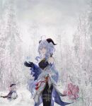  2girls ahoge bangs bell blue_hair clouds ganyu_(genshin_impact) genshin_impact gloves highres horns jiangshi long_ponytail mouse multiple_girls outdoors ponytail purple_hair qiqi red_eyes shirone_(coxo_ii) short_hair snow thighs tree 