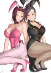  2girls absurdres akfg-uw-178 animal_ears black_hair breasts code_geass detached_collar dragon_quest dragon_quest_xi fishnet_legwear fishnets high_heels highres kallen_stadtfeld large_breasts martina_(dq11) multiple_girls pantyhose playboy_bunny ponytail purple_hair rabbit_ears smile squatting thighs 