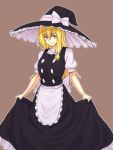  1girl apron bangs black_headwear black_skirt black_vest blonde_hair bow breasts brown_background buttons closed_mouth cowboy_shot eyebrows_visible_through_hair frilled_hat frills hair_between_eyes hair_bow hat hat_bow highres holding holding_clothes holding_skirt kakone kirisame_marisa long_hair medium_breasts petticoat puffy_short_sleeves puffy_sleeves shirt short_sleeves simple_background skirt smile solo standing touhou vest waist_apron white_apron white_bow white_shirt witch_hat yellow_eyes 