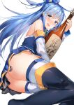  1girl aqua_(konosuba) ass bangs bare_shoulders black_footwear blue_eyes blue_hair blush boots bottle commentary detached_sleeves highres holding holding_bottle kono_subarashii_sekai_ni_shukufuku_wo! long_hair long_sleeves looking_at_viewer moff_(dyhc8382) open_mouth simple_background sleeveless solo thick_thighs thigh-highs thigh_boots thighs very_long_hair white_background white_legwear 