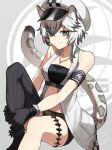  1girl animal_ears arknights armband bandeau bare_arms bare_shoulders black_gloves black_legwear black_shorts blue_eyes breasts cliffheart_(arknights) feb_itk fur_trim gloves hat highres jewelry knee_up leg_hug leopard_ears leopard_girl leopard_tail looking_at_viewer medium_breasts multicolored_hair necklace open_clothes peaked_cap revealing_clothes ribbed_legwear short_hair short_shorts shorts single_thighhigh sitting sleeveless smile solo stomach tail thigh-highs thighlet thighs two-tone_hair white_hair white_headwear 