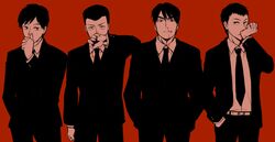  4boys black_neckwear black_suit blood chuukan_kanriroku_tonegawa doushita_kouji ebitani_(chuukan_kanriroku_tonegawa) hands_in_pockets male_focus monochrome multiple_boys necktie nosebleed red_background saemonsaburou_jirou simple_background yamazaki_kenji yomo_(rb_crr) 