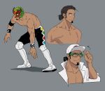  1boy arrow_(symbol) baseball_cap blush boots closed_mouth collarbone dark_skin dark_skinned_male facial_hair green-framed_eyewear grey_background hair_bun hand_up hat highres hunched_over jar_pikapika kukui_(pokemon) labcoat male_focus pokemon pokemon_(game) pokemon_sm semi-rimless_eyewear shirtless simple_background sketch smile sunglasses sweat white_footwear white_headwear wrestling_mask wristband 