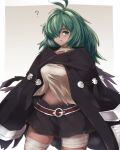  1girl ? bandages black_cape black_skirt cape capelet cloak clouds commentary_request granblue_fantasy green_eyes green_hair hair_over_one_eye highres kolulu_(granblue_fantasy) long_hair looking_to_the_side messy_hair parted_lips simple_background skirt solo standing yonaga 