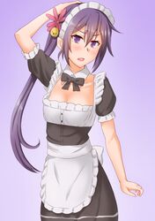  1girl akebono_(kantai_collection) alternate_costume anti_(untea9) apron bell black_dress black_neckwear bow bowtie commentary_request detached_collar dress enmaided flower frilled_apron frills gradient gradient_background hair_bell hair_flower hair_ornament highres jingle_bell kantai_collection long_hair looking_at_viewer maid maid_headdress open_mouth purple_background purple_hair side_ponytail solo very_long_hair violet_eyes white_apron 