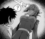  1boy 1girl ? age_regression bangs belt braid breasts fate/grand_order fate_(series) florence_nightingale_(fate) folded_ponytail fujimaru_ritsuka_(male) gloves greyscale highres hxd large_breasts long_hair long_sleeves military_jacket monochrome short_hair spoken_question_mark younger 