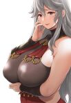  1girl bangs bare_shoulders blush breasts granblue_fantasy grey_hair highres huge_breasts kemigawa_mondo long_hair looking_at_viewer magisa_(granblue_fantasy) smile very_long_hair violet_eyes 