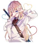  1girl ;) absurdres arm_up badge bangs blonde_hair blue_eyes blue_shirt bow breasts brown_bow button_badge closed_mouth collared_shirt earrings ex_albio eyebrows_visible_through_hair genderswap genderswap_(mtf) glint hand_up hands_up heart highres hood hood_down hooded_jacket huge_filesize jacket jewelry long_hair long_sleeves looking_at_viewer medium_breasts nijisanji one_eye_closed puffy_long_sleeves puffy_sleeves shirt signature simple_background smile sofra solo sword sword_behind_back twitter_username very_long_hair virtual_youtuber weapon white_background white_jacket 