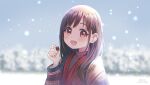  1girl :d bangs blurry blurry_background blush brown_eyes brown_hair clothing_request commentary_request depth_of_field eyebrows_visible_through_hair food hand_up holding holding_food idolmaster idolmaster_shiny_colors long_hair long_sleeves looking_at_viewer open_mouth outdoors red_eyes shiny shiny_hair smile snow snowing solo sonoda_chiyoko soramame_tomu sweater upper_body 