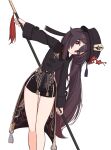  1girl black_shorts brown_hair genshin_impact hat highres holding holding_weapon hu_tao jagd jewelry long_hair long_sleeves looking_at_viewer polearm red_eyes ring shorts simple_background solo standing symbol-shaped_pupils tailcoat twintails weapon white_background 