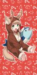 1girl 40hara absurdres animal_collar animal_costume animal_ear_fluff animal_ears antlers aqua_eyes bangs barefoot blonde_hair blunt_bangs cat_ears cat_girl cat_tail collar commentary_request ears_through_headwear fang feet hat highres hood hood_up kinako_(40hara) long_hair looking_at_viewer open_mouth original red_collar reindeer_antlers reindeer_costume santa_hat sitting skin_fang soles solo stuffed_animal stuffed_fish stuffed_toy stuffed_tuna tail toes