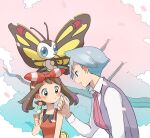  1boy 1girl bangs bare_arms beautifly blush bow_hairband brown_hair closed_mouth collared_shirt commentary_request fanny_pack gen_3_pokemon grey_hair hairband hand_up holding jewelry may_(pokemon) petals pokemon pokemon_(creature) pokemon_(game) pokemon_oras popcorn_91 red_hairband ring shirt sleeveless sleeveless_shirt steven_stone tree_branch vest white_shirt yellow_bag 